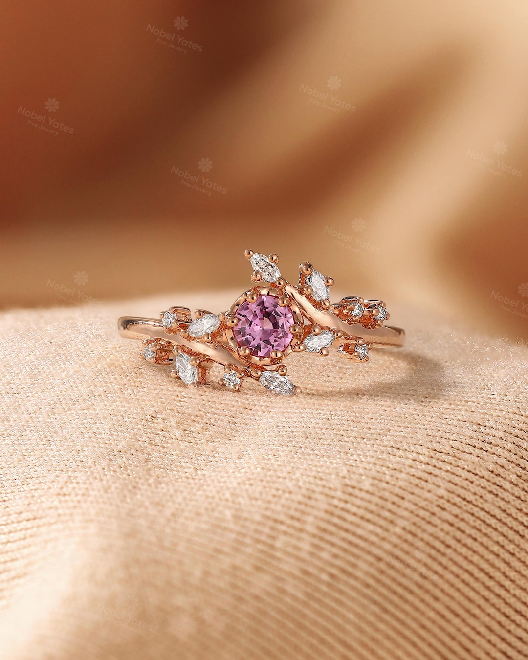 Pink Sapphire Engagement Ring Rose Gold Diamond Cluster Ring Unique  Delicate Leaf Style Wedding Prong Bridal Promise Anniversary Ring