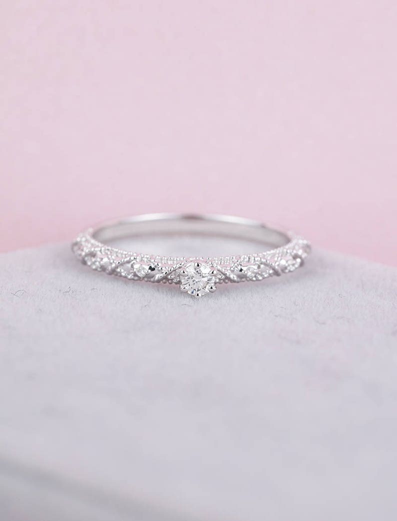 Vintage round shaped moissanite engagement ring Antique rose gold Milgrain ring Delicate Half eternity ring wedding promise Anniversary ring image 4
