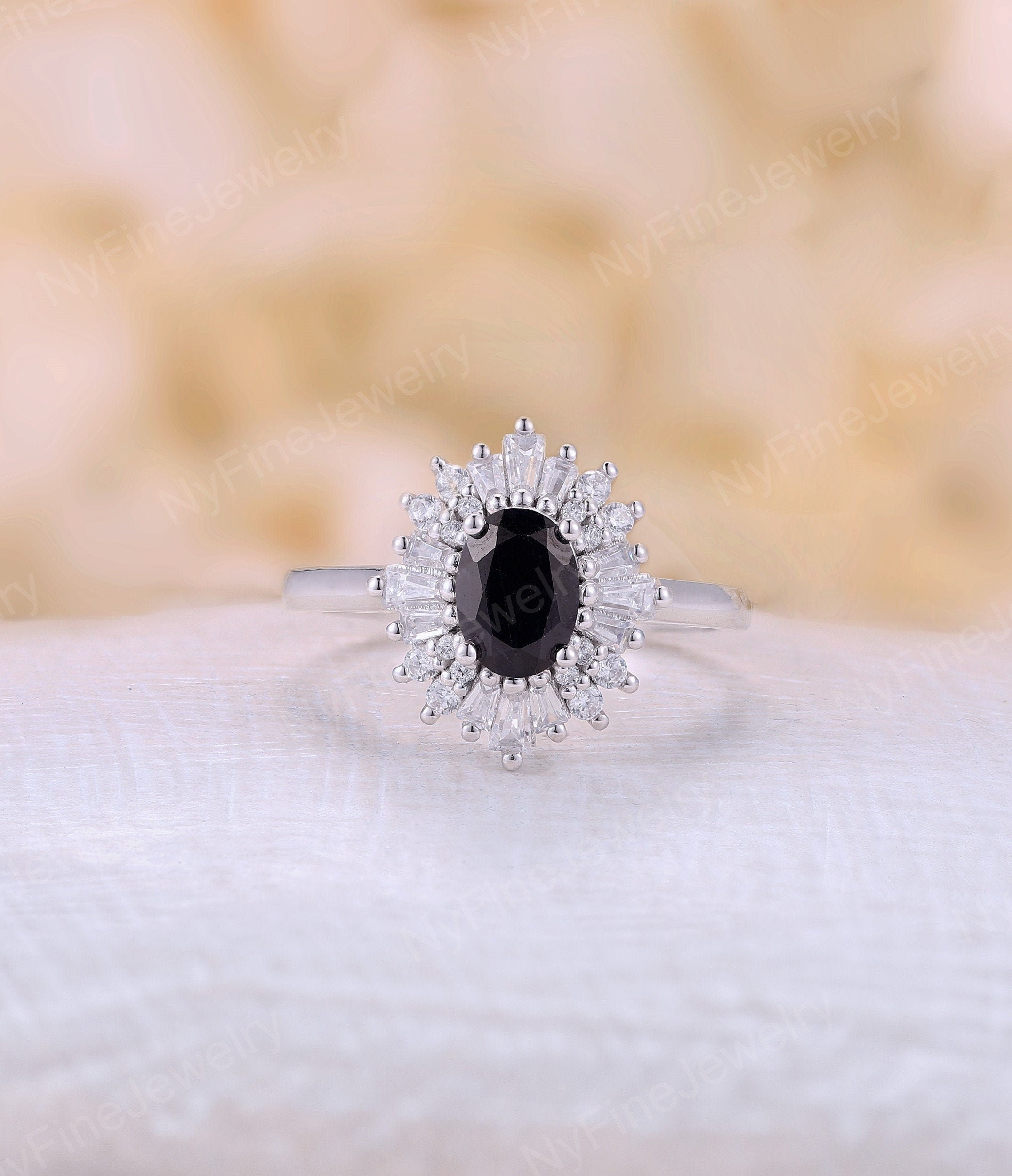 Vintage Black Diamond Engagement Ring Oval Cut Black Onyx Etsy