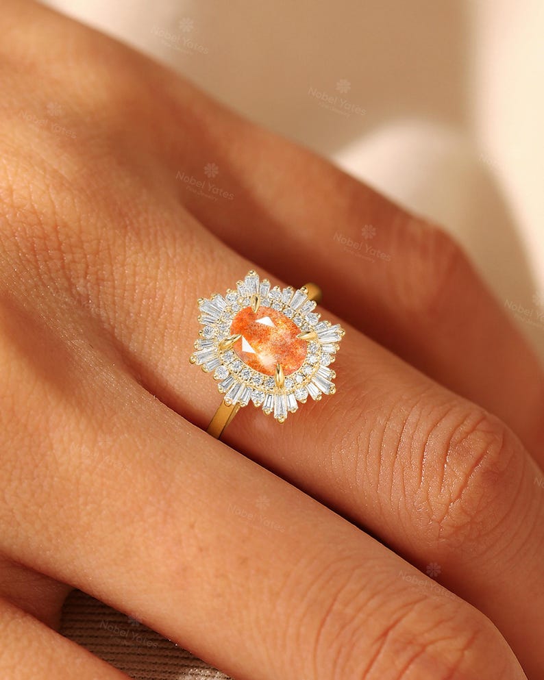 African Sunstone Engagement Ring, Double Halo CZ Ring, 18K Rose Gold Ring, Art Deco Tibetan Sunstone Ring, Custom Gemstone Rings for Women image 5