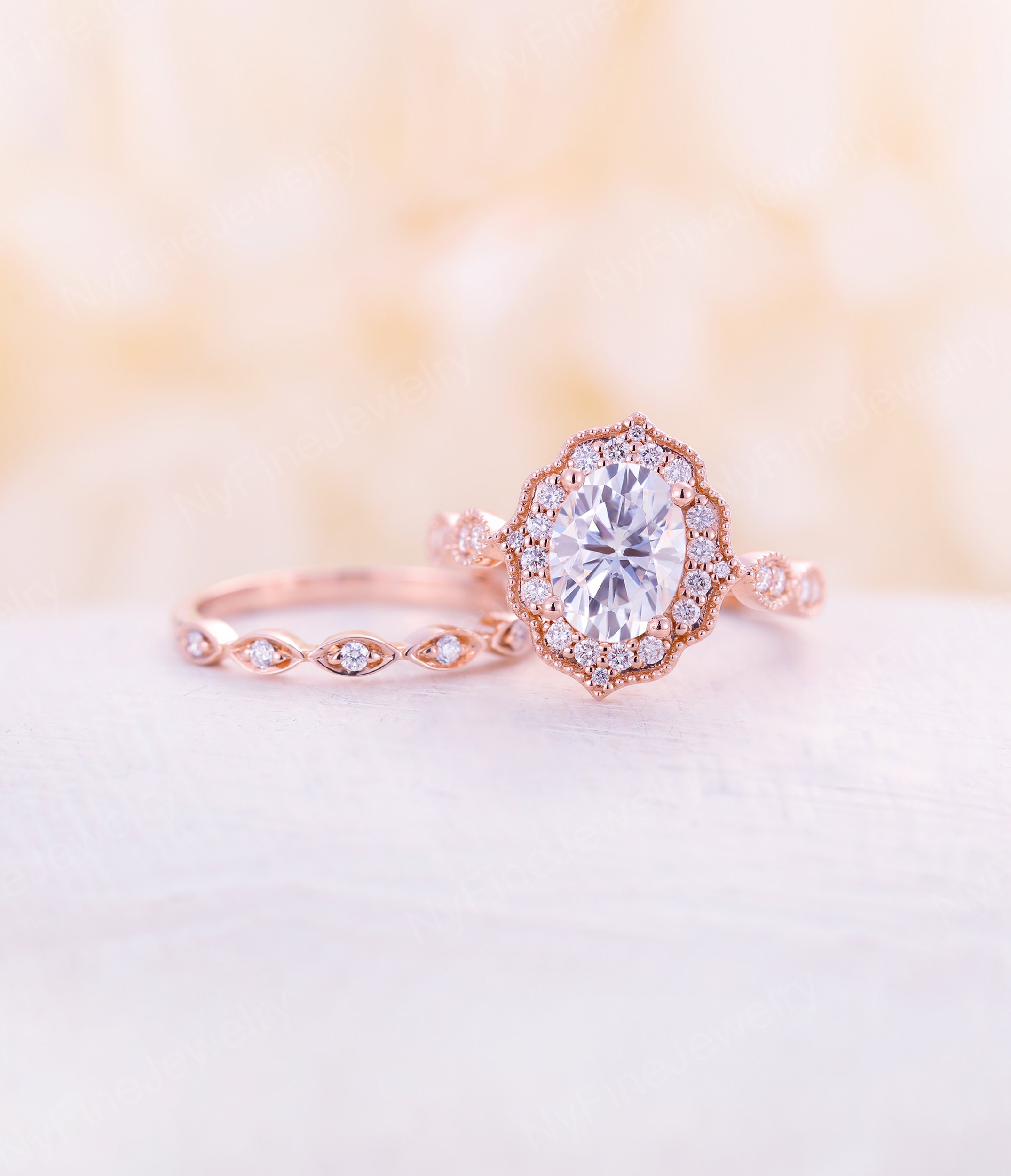 Moissanite Engagement Ring Set Rose Gold Vintage Diamond Halo - Etsy