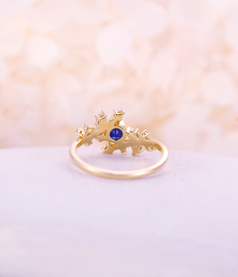 Rose gold natural sapphire engagement ring Diamond Cluster ring Unique Delicate leaf design wedding Bridal ring Promise Anniversary ring image 6