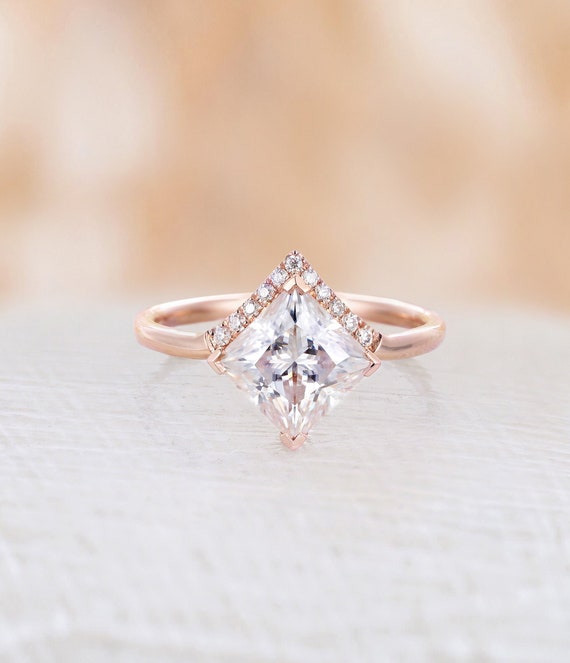 Vintage Princess cut moissanite engagement ring rose gold diamond half halo  ring Art deco wedding Unique prong ring Anniversary Promise