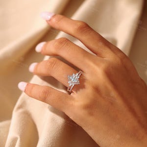 Vintage Marquise Lab-Grown Diamond Engagement Ring Set,Half Eternity Wedding Ring Set,2Pcs 18K Gold Ring,Halo Floral Design Ring Fiancé Ring image 14