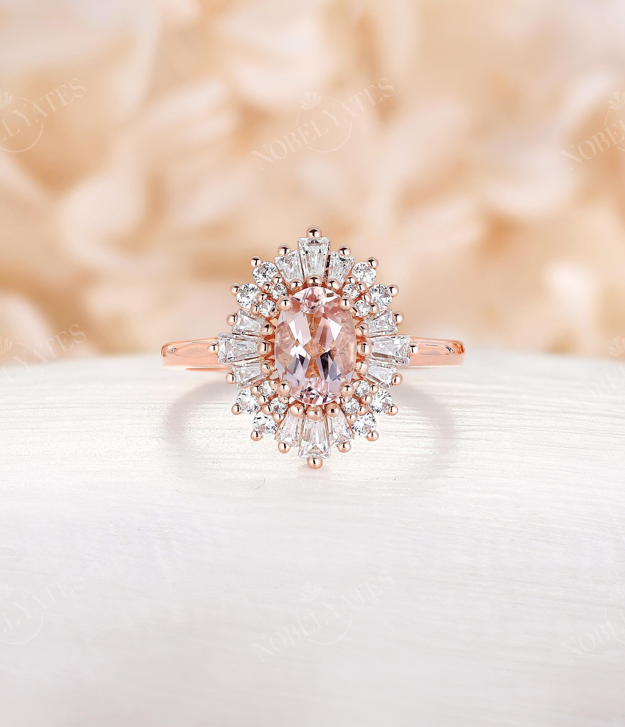Art Deco Oval Pink Morganite Engagement Ring, Rose Gold Ring, Baguette & Round Cut Sunburst Halo Diamond Ring, Custom Gems Rings for Women