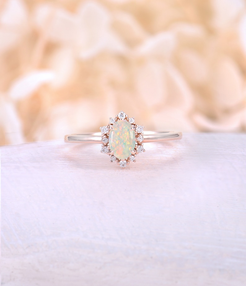 Vintage engagement ring forever One Moissanite ring rose gold oval diamond ring halo art deco ring wedding Anniversary ring bridal ring Natural Opal