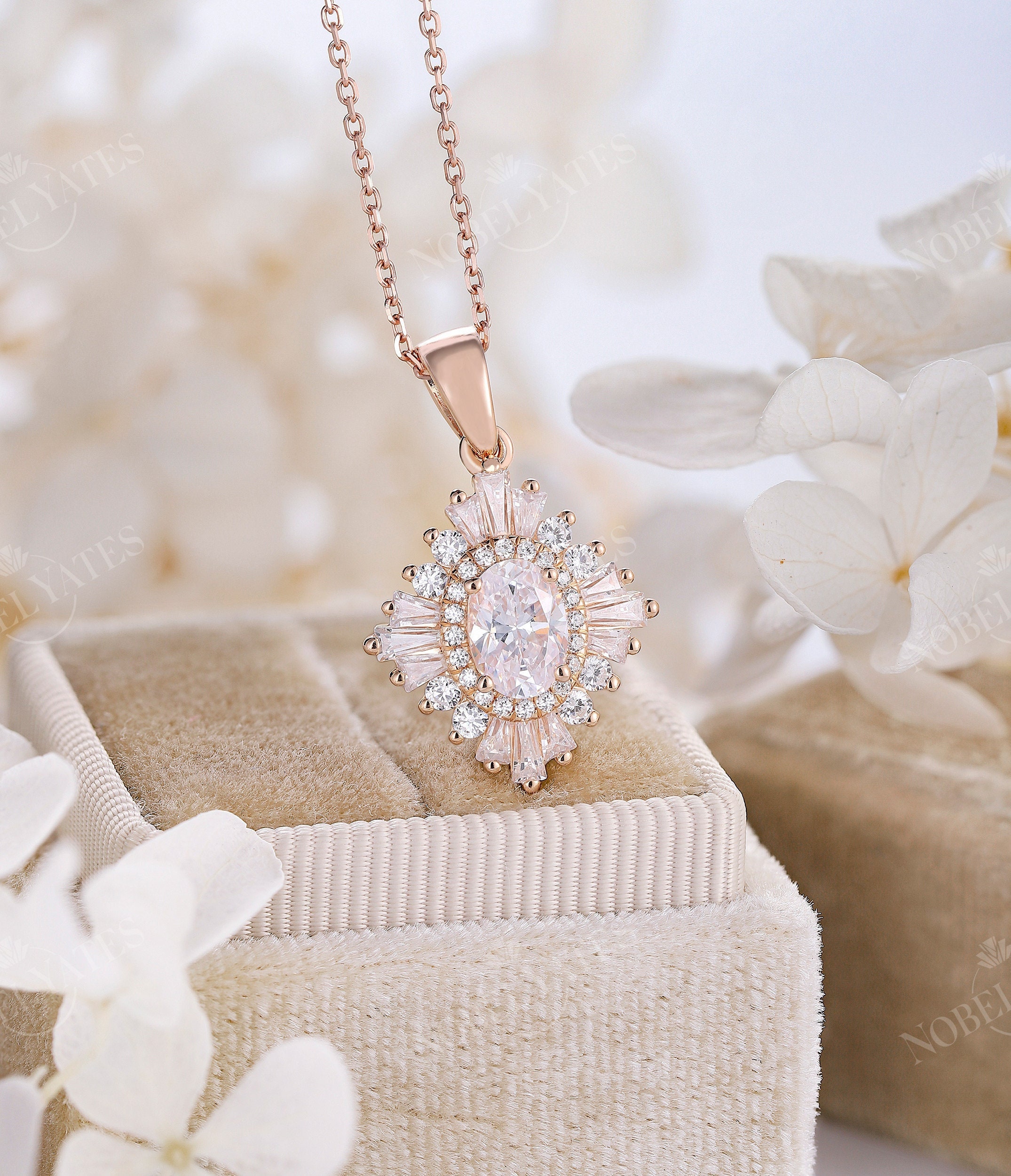 Antique Oval Moissanite Necklace Rose 