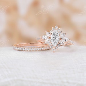 Moissanite Engagement Ring Set Vintage Art Deco Marquise Cut Ring Rose ...