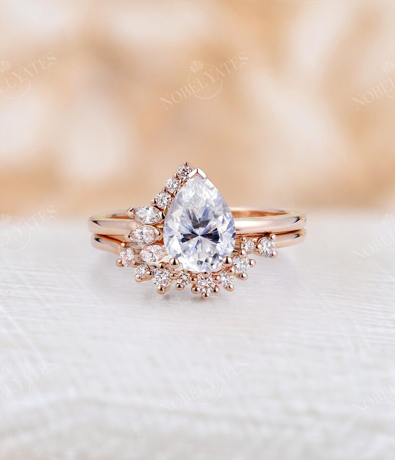 Vintage Pear Cut Moissanite Engagement Ring Set Art Deco Rose - Etsy