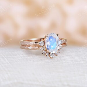 Antique Moonstone engagement ring set Rose gold Unique hammered design bridal ring moissanite curved matching wedding band Promise ring image 5