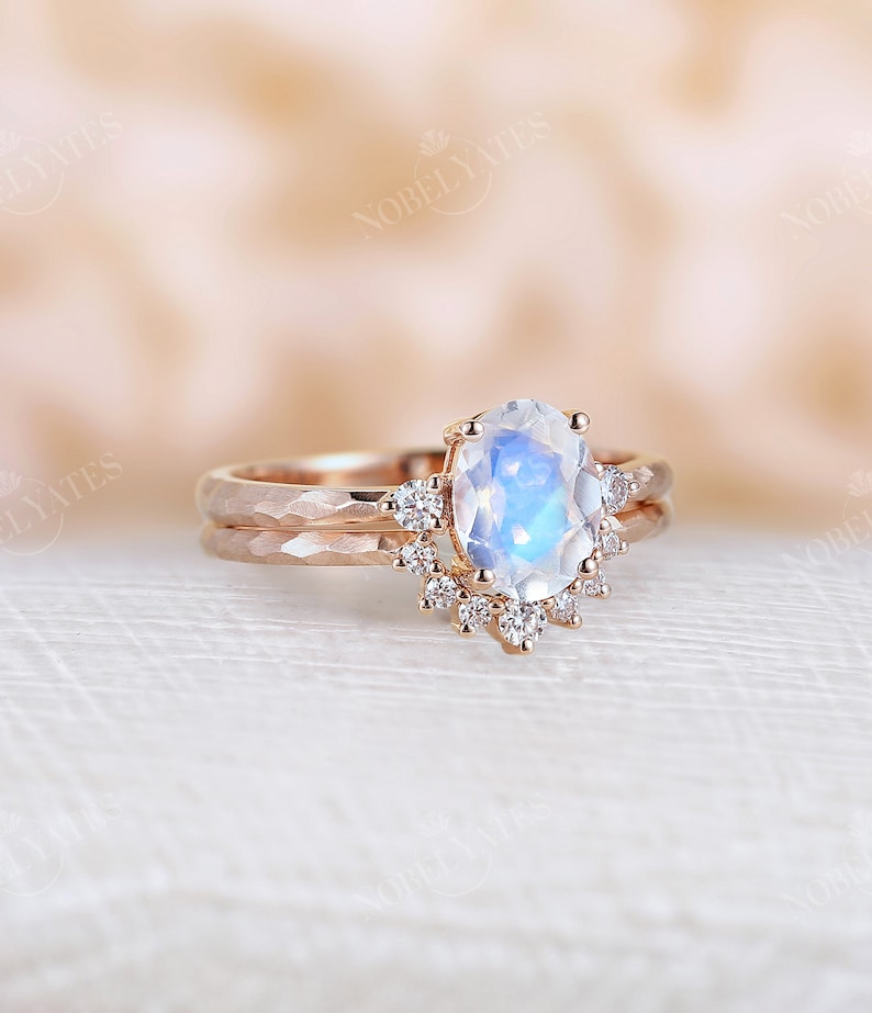 Antique Moonstone engagement ring set Rose gold Unique hammered design bridal ring moissanite curved matching wedding band Promise ring image 5