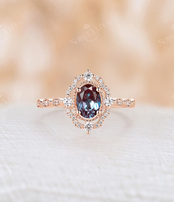 Antique oval shape lab alexandrite engagement ring vintage rose gold milgrain ring round cut moissanite ring anniversary promise bridal ring