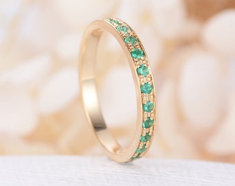 Vintage Emerald wedding band 14K/18K yellow Gold Bridal ring lab emerald antique Half eternity band Straight band Promise Anniversary ring