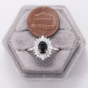 Vintage black diamond engagement ring Oval black onyx ring diamond cubic zirconia halo ring Antique black sapphire ring Unique bridal ring image 8