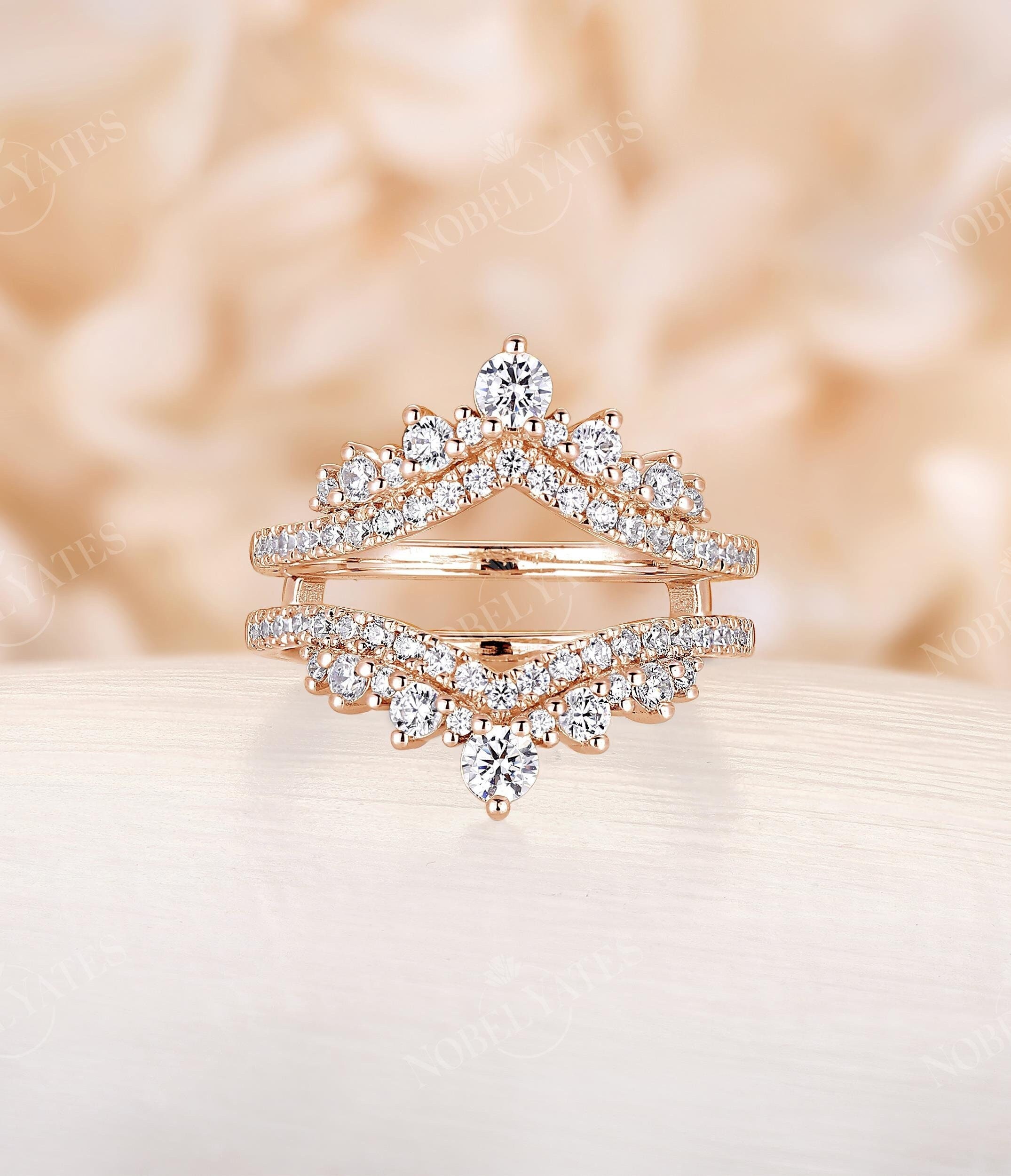 Vintage Moissanite Ring Enhancer, Antique Curved Wedding Band, Rose Gold Stackable Matching Bridal Ring, Diamond Anniversary Promise Ring