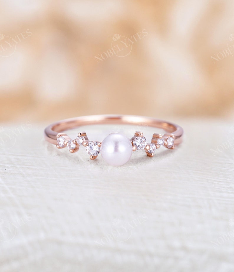 Vintage Akoya Pearl engagement Ring Rose Gold Delicate pearl wedding ring Unique Diamond cluster Bridal ring Promise Anniversary ring image 1