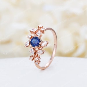 Rose gold natural sapphire engagement ring Diamond Cluster ring Unique Delicate leaf design wedding Bridal ring Promise Anniversary ring image 2