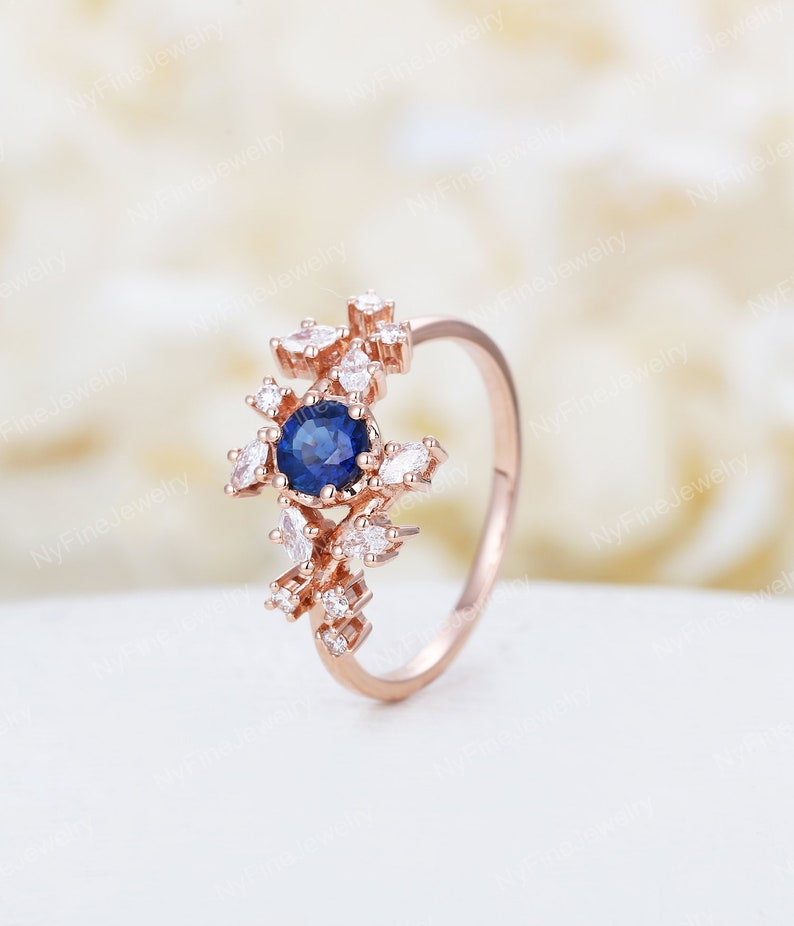 Rose gold natural sapphire engagement ring Diamond Cluster ring Unique Delicate leaf design wedding Bridal ring Promise Anniversary ring image 2