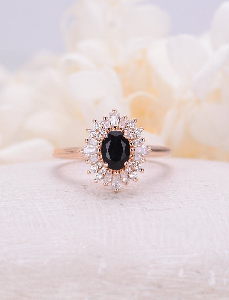 Vintage Engagement Ring Oval Cut Black Onyx Moonstone Opal Art | Etsy
