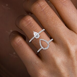 Classic Pear Cut Moissanite Engagement Ring Set, 14K White Gold Ring, Matching Open Wedding Band Set, Women's Bridal Ring Set -NyFineJewelry