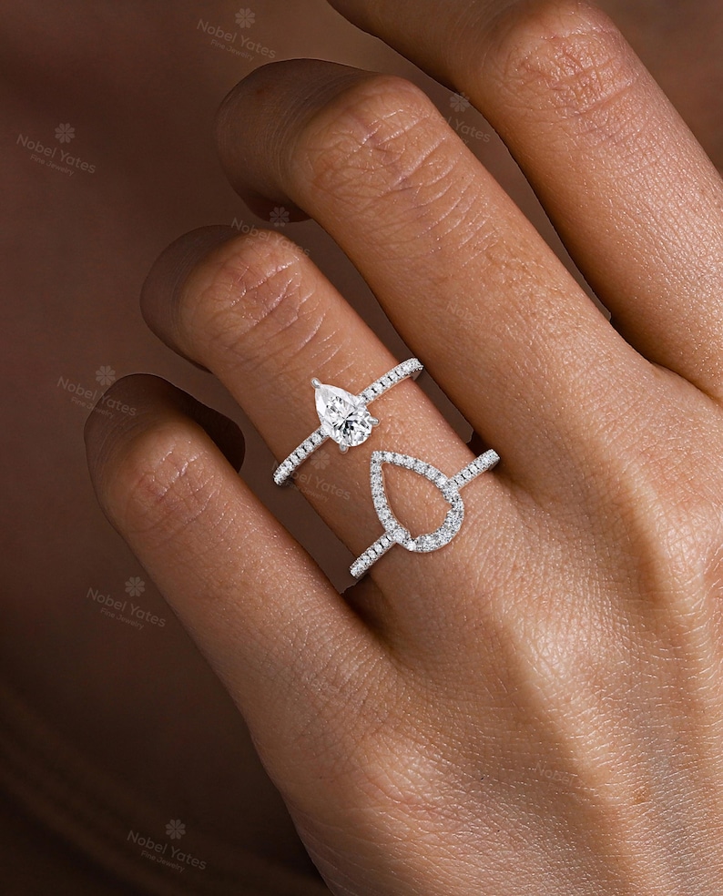 Classic Pear Cut Moissanite Engagement Ring Set, 14K White Gold Ring, Matching Open Wedding Band Set, Women's Bridal Ring Set -NyFineJewelry