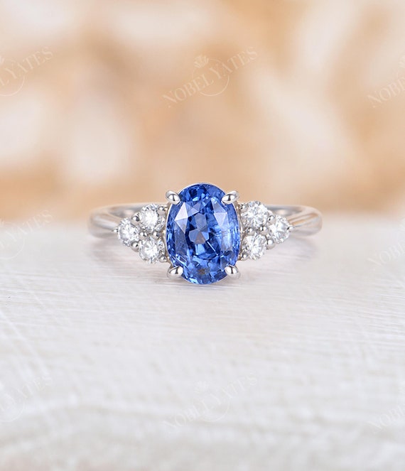 Cornflower Sapphire Engagement Ring Vintage oval cut Ring Moissanite cluster Wedding 14K white Gold Unique prong art deco Anniversary