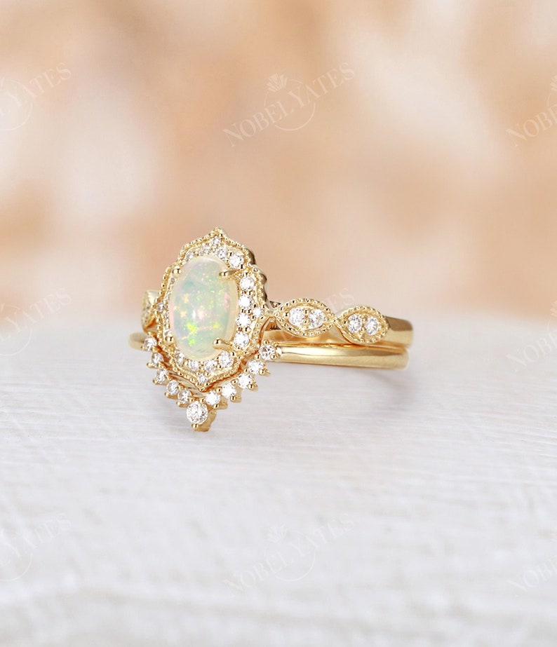 Opal engagement ring yellow gold diamond moissanite vintage halo ring oval cut bridal set milgrain ring curved wedding Anniversary ring 