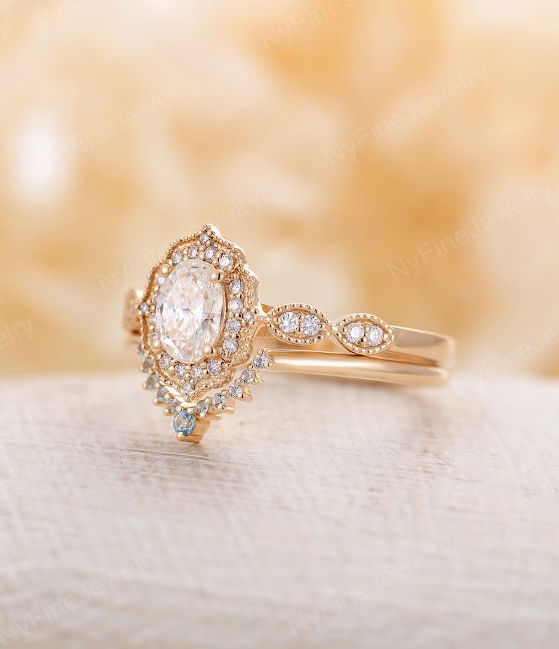 Antique Moissanite engagement ring oval cut vintage diamond halo wedding ring yellow gold half eternity bridal set unique Topaz Anniversary image 2