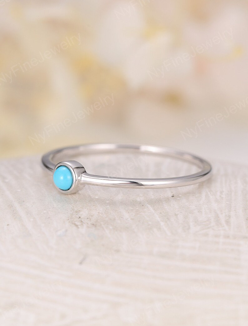 Turquoise engagement ring women white gold simple Solitaire Diamond ring Thin gold Band Ring Anniversary Birthstone Promise gift for her
