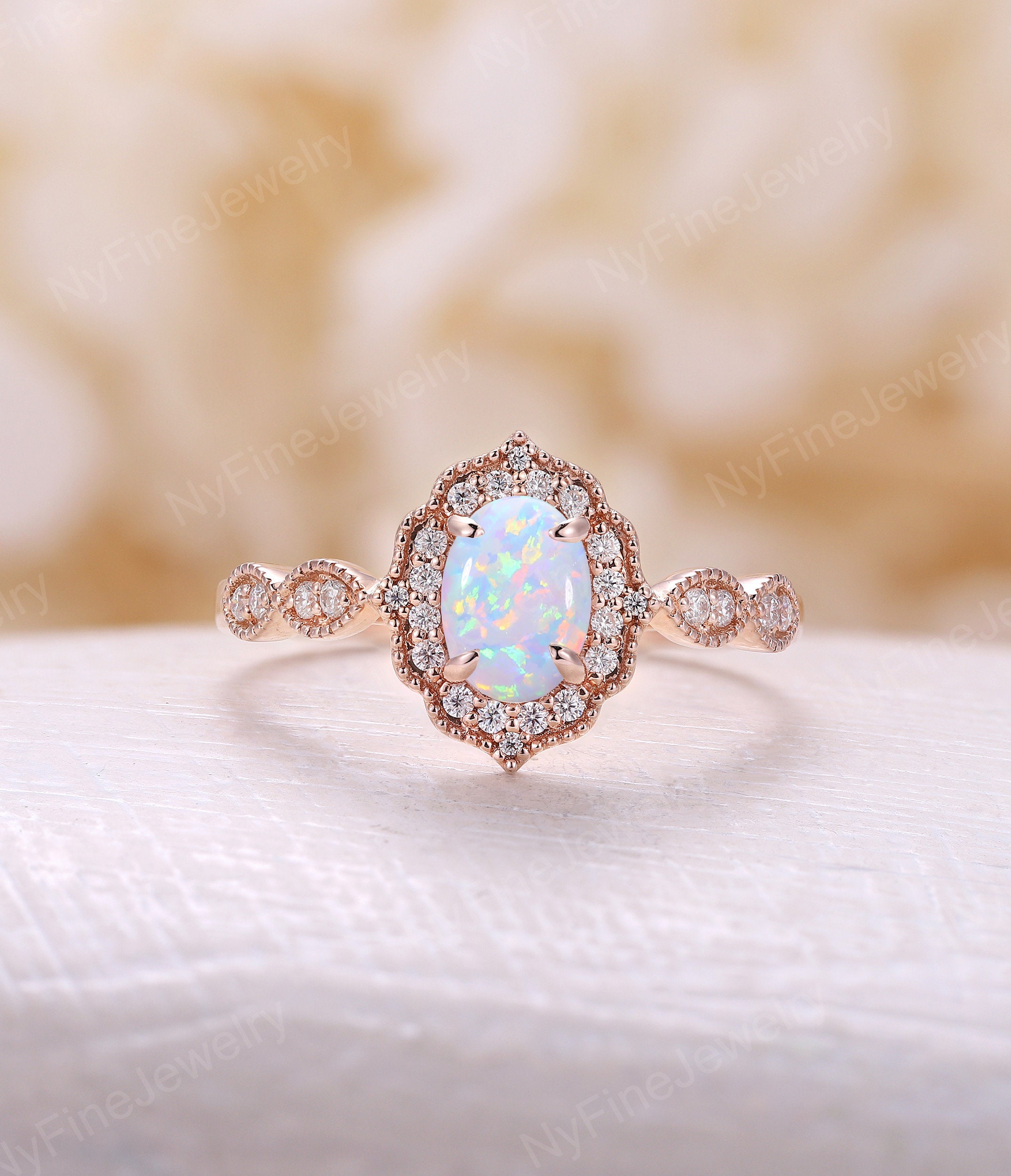 Oval Lab Opal engagement ring rose gold Vintage milgrain bridal ring Antique diamond halo wedding ring Unique Promise Anniversary ring