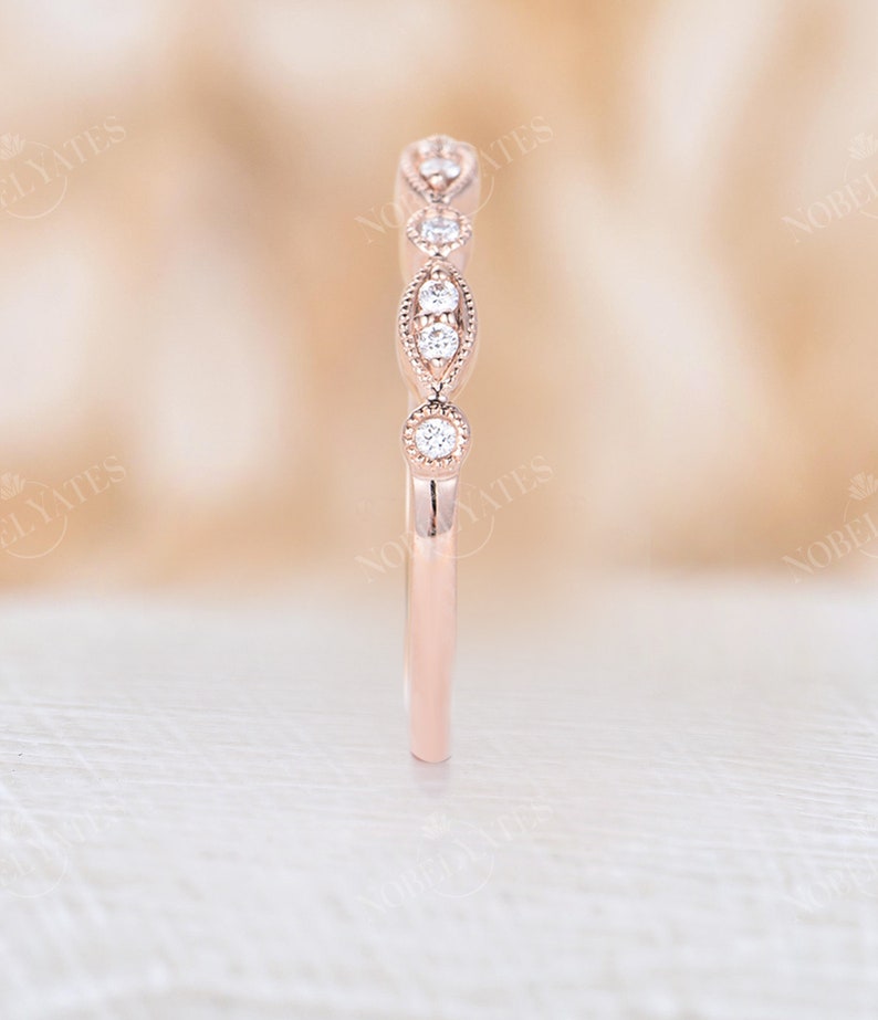 Vintage diamond wedding band rose gold Art deco marquise moissanite ring Half eternity band dainty milgrain Stacking band Promise ring image 4