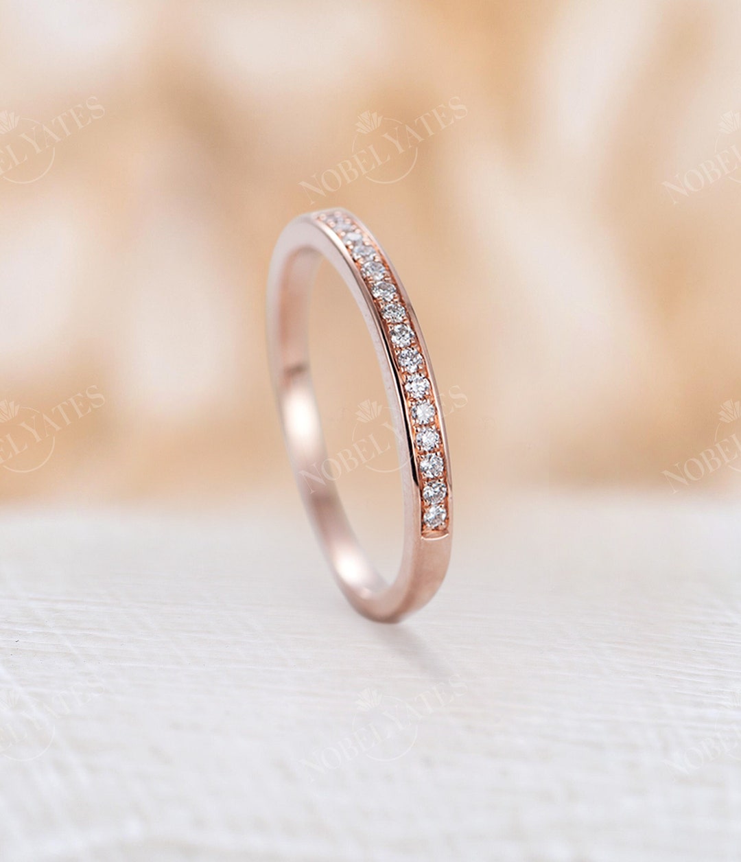 Art Deco Rose Gold Wedding Band Diamond Ring Half Eternity Bridal Ring