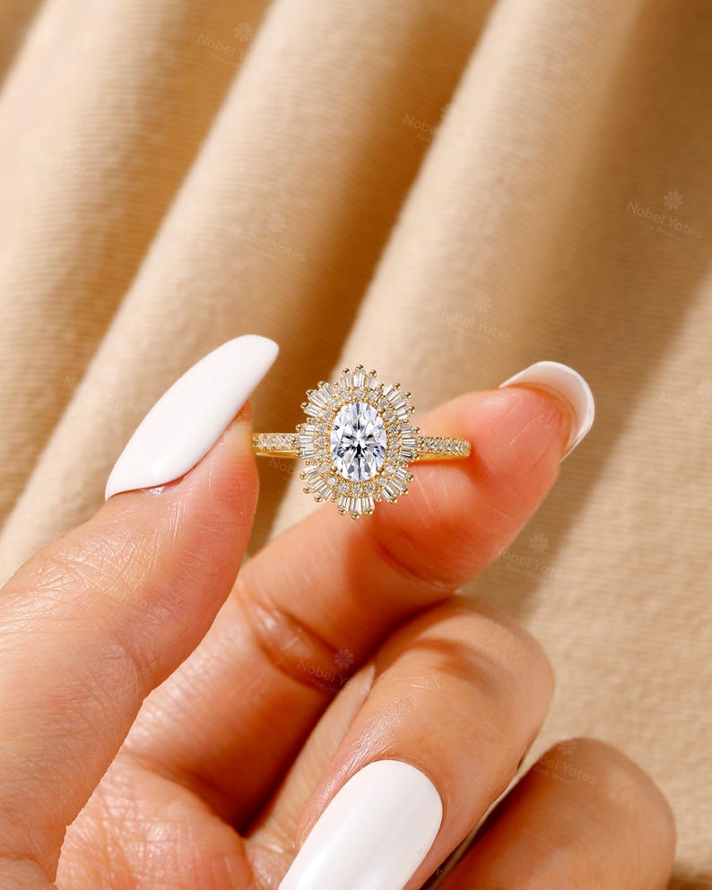 Pierścionek zaręczynowy z owalnym diamentem w stylu art déco, obrączka ślubna z podwójnym diamentem, pierścionek z półwiecznością, pierścionek ze złota 18-karatowego, pierścionek ślubny z moissanitem dla kobiet DEF moissanite