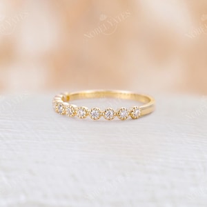 Vintage yellow gold wedding band half eternity band Moissanite ring Delicate stacking Bridal matching milgrain band promise anniversary image 3