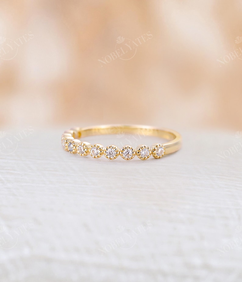 Vintage yellow gold wedding band half eternity band Moissanite ring Delicate stacking Bridal matching milgrain band promise anniversary image 3