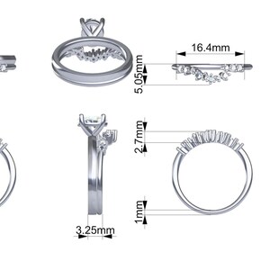 May include: A detailed illustration of a silver ring with a square-cut center stone and smaller accent stones. The ring is shown from multiple angles, with measurements in millimeters and the size 7US. The ring's band is 1.25mm wide.