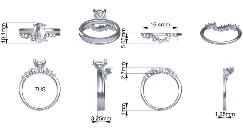 May include: A detailed illustration of a silver ring with a square-cut center stone and smaller accent stones. The ring is shown from multiple angles, with measurements in millimeters and the size 7US. The ring's band is 1.25mm wide.