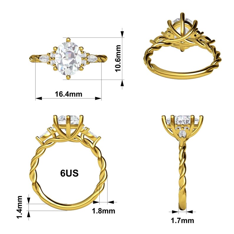 May include: A gold ring with a large oval-cut center stone and smaller accent stones. The ring's band has a twisted design. The ring is 16.4mm long and 10.6mm wide. The ring size is 6US.