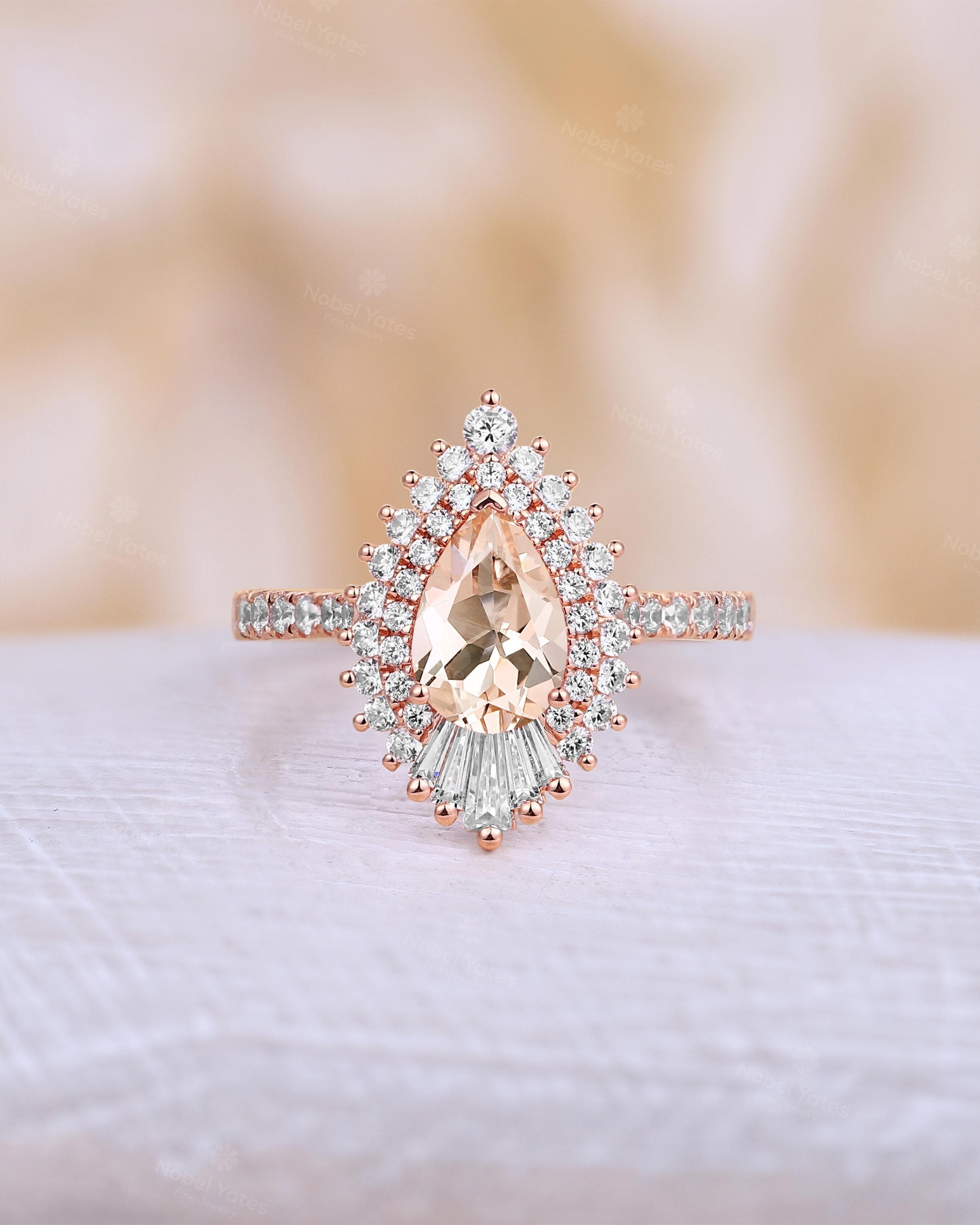 Pear Cut Morganite Engagement Ring Rose Gold Art Deco Baguette Diamond ...