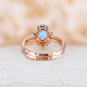 Antique Moonstone engagement ring set Rose gold Unique hammered design bridal ring moissanite curved matching wedding band Promise ring image 6