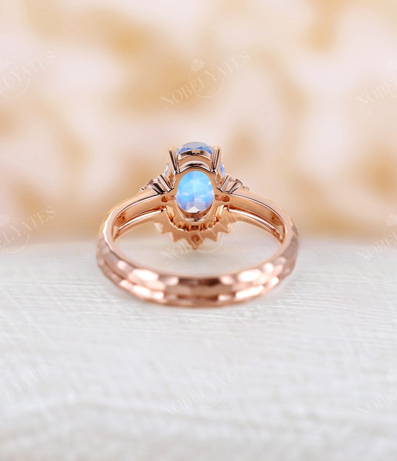Antique Moonstone engagement ring set Rose gold Unique hammered design bridal ring moissanite curved matching wedding band Promise ring image 6