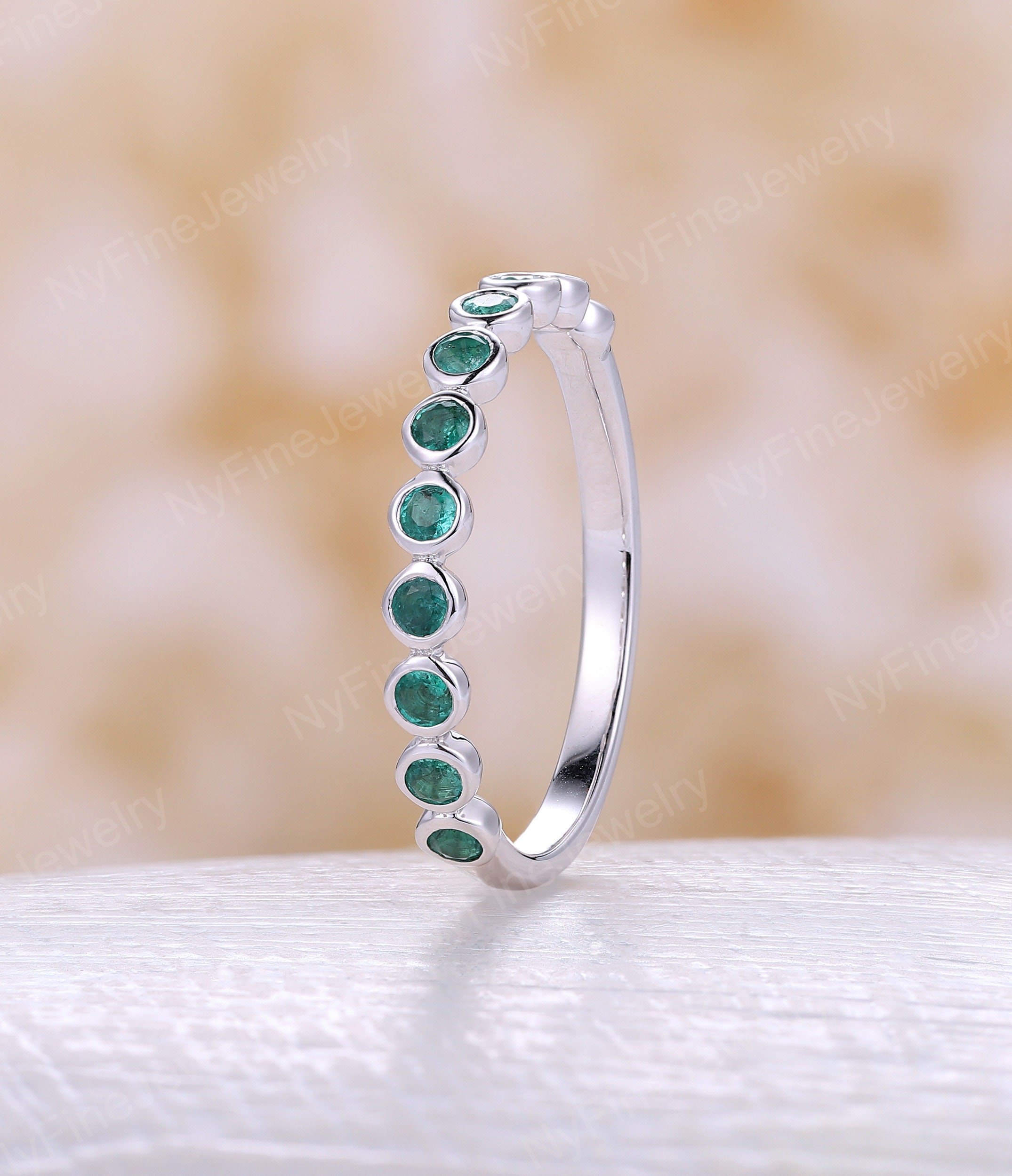 Art Deco Emerald Wedding Band Vintage Solid White Gold Matching