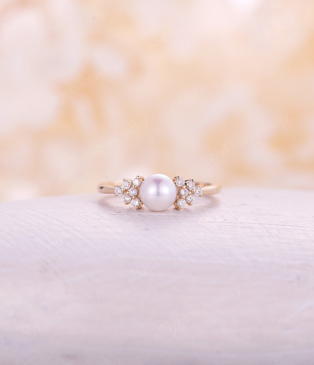 Akoya Pearl Engagement Ring Diamond Cluster Ring Unique Prong Ring ...
