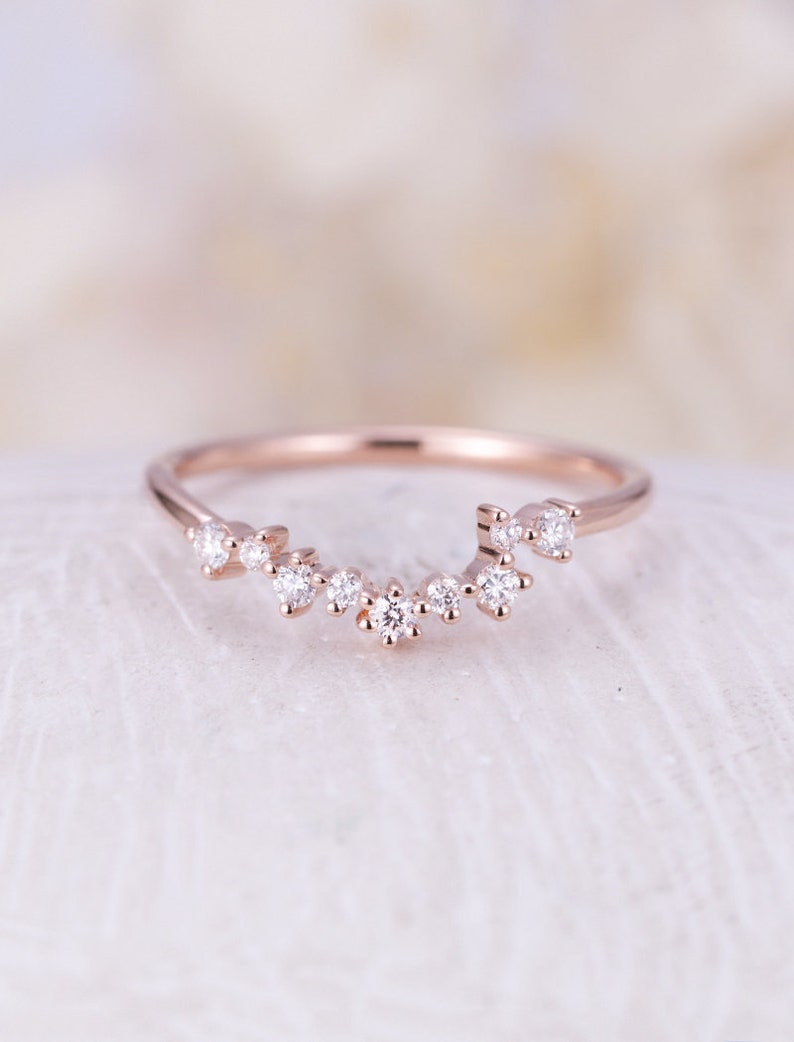 Rose gold wedding band Curved wedding band women Diamond Cluster ring Unique Promise Multi gift Bridal Anniversary custom