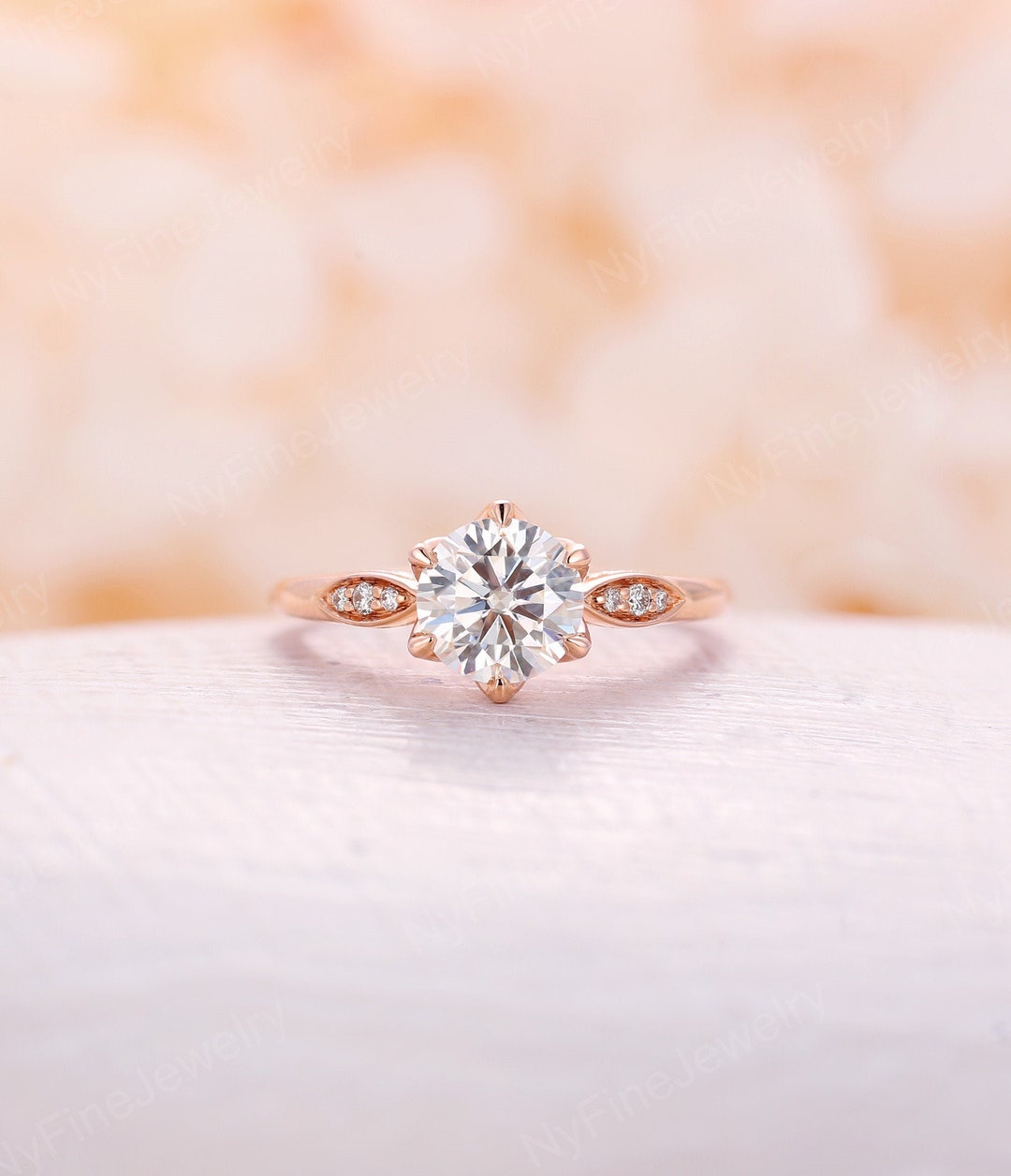 Moissanite Engagement Ring Rose Gold Unique Prong Ring Round - Etsy