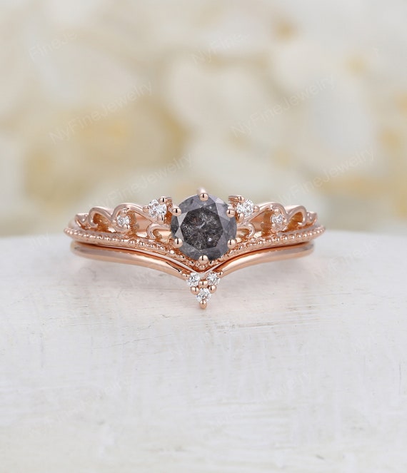 Vintage Salt And Pepper Diamond Engagement Ring Rose Gold Etsy Vintage Salt And Pepper Diamond Engagement Ring Rose Gold Etsy