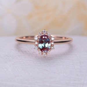 Vintage engagement ring forever One Moissanite ring rose gold oval diamond ring halo art deco ring wedding Anniversary ring bridal ring Lab Alexandrite