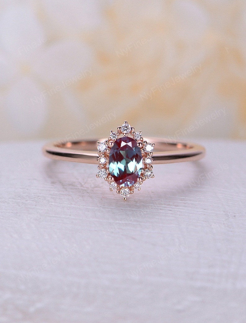 Vintage engagement ring forever One Moissanite ring rose gold oval diamond ring halo art deco ring wedding Anniversary ring bridal ring Lab Alexandrite