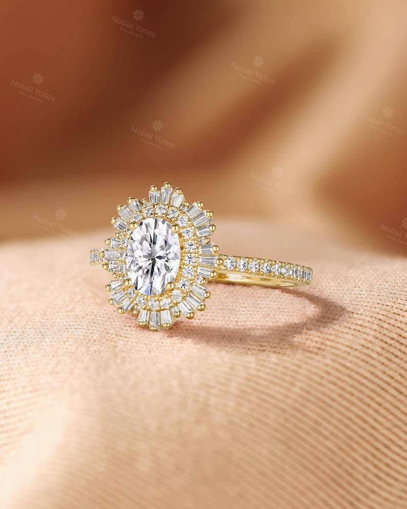 Pierścionek zaręczynowy z owalnym diamentem w stylu art déco, obrączka ślubna z podwójnym diamentem, pierścionek z półwiecznością, pierścionek ze złota 18-karatowego, pierścionek ślubny z moissanitem dla kobiet zdjęcie 4