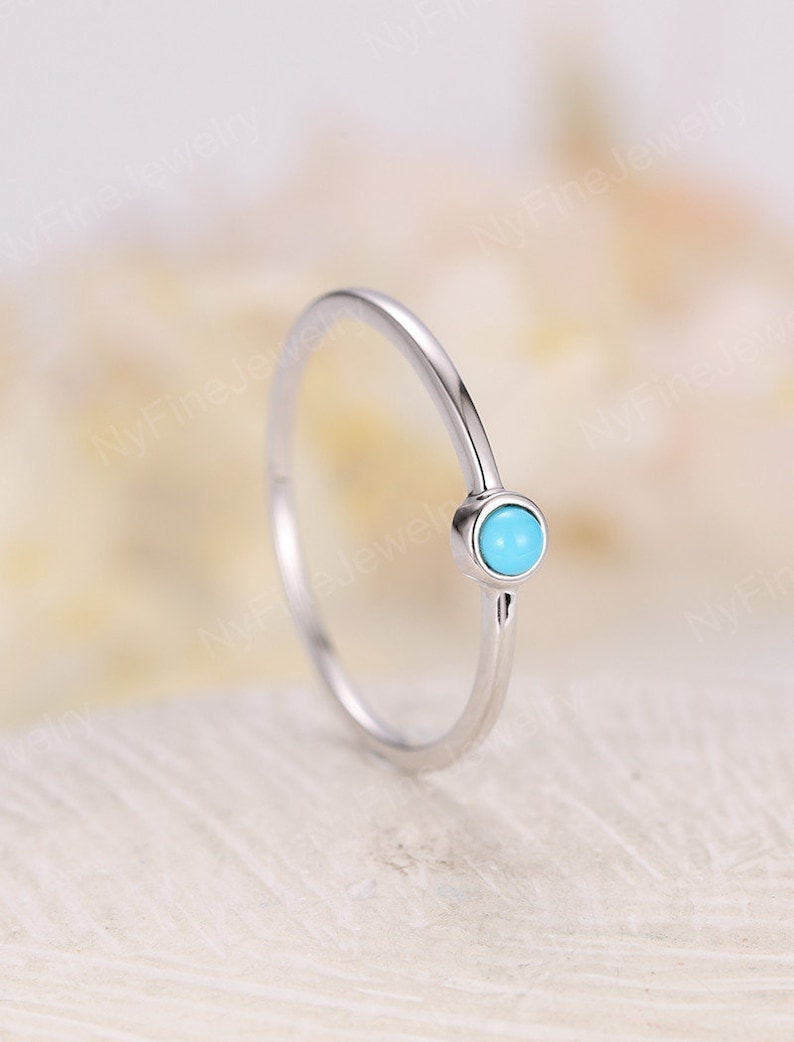 Turquoise engagement ring women white gold simple Solitaire Diamond ring Thin gold Band Ring Anniversary Birthstone Promise gift for her